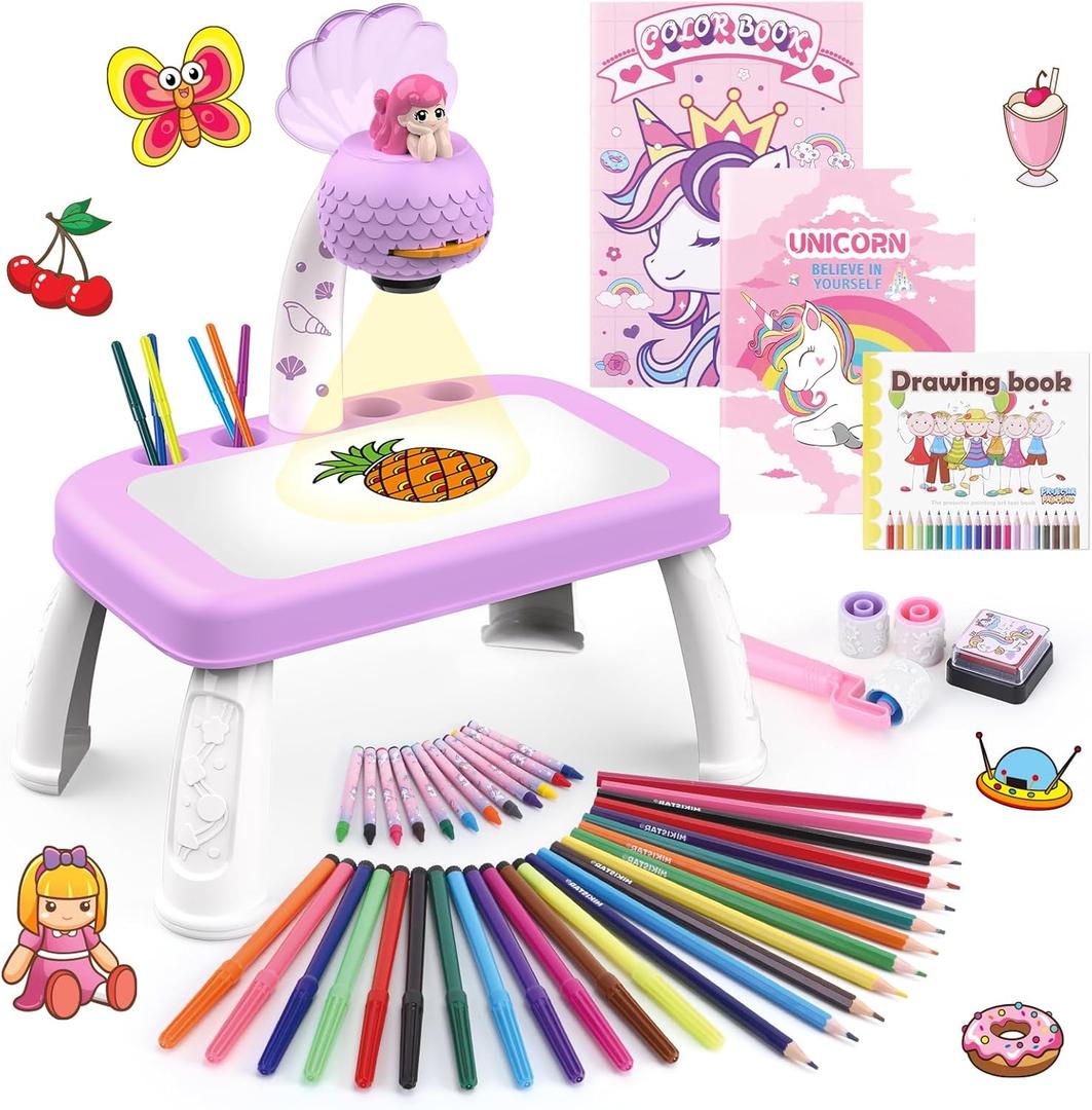 Drawing Projector for Kids,Arts and Crafts for Kids,Include Drawing Board,Crayons,Coloring Book,Stickers etc,Kids Toys for Age 3-5 Year Old Girls Christmas & Birthday Gifts (Mermaid Drawing Kit)