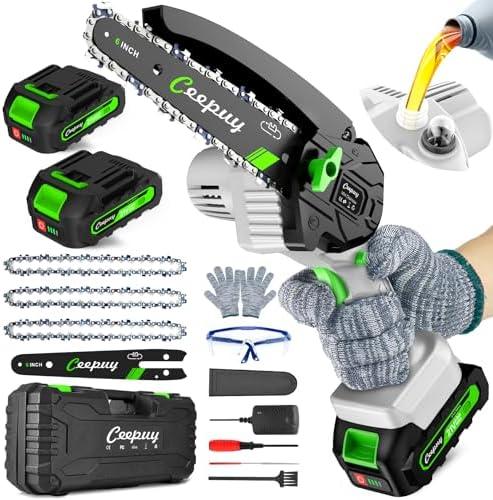 CEEPUY Mini Chainsaw Cordless,6 Inch Portable Electric Chainsaw with Automatic Oiler/Security Lock/Battery Powered Small Handheld Saw for Trees Branches Trimming,Wood Cutting,2 Batteries 3 Chains 2025