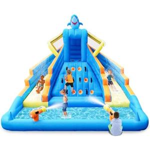 Inflatable Water Slide, 13FT Shark-Themed Large Bounce House with Dual Slides, Climbing Wall, Deep Pool, Water Cannon, 680W Blower, Storage Bag, Backyard Blow Up Water Park for Kids Aged 3–10