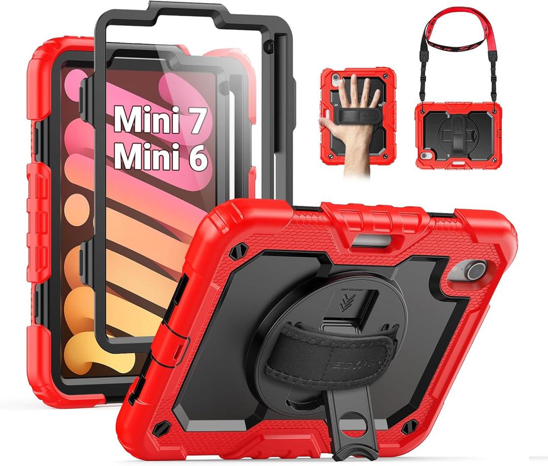 SEYMAC Kids Case for iPad mini 7 (A17 Pro) 2024/ Mini 6 8.3, Full-Body Shockproof Protective Case with Screen Protector, Rotating Stand, Hand/Shoulder Strap for iPad mini 7th/ 6th Generation, Red