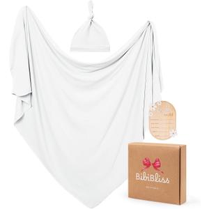 Stretchy Swaddle Blanket for Newborns with Hat & Hello World CardSoft Baby Swaddles 0-3 Months,47"x 47"Supersoft Swaddle Blanket,Receiving Blanket for Boys & Girls (Cloud)