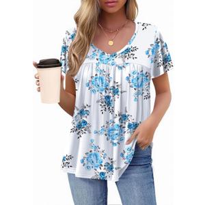 HOTOUCH Womens Short Sleeve Tunic Tops V Neck Loose Fit Ruffle Sleeve Shirts Summer Floral Dressy Casual Boho Blouses (Small, Blue Flower)