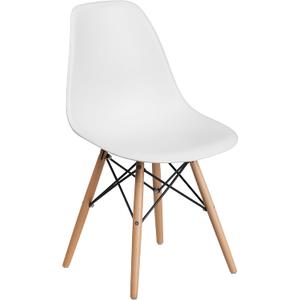 Flash Furniture Elon Series Plastic Modern Dining Chair with Wooden Legs, Mid-Century Modern Accent Chair for Dining Rooms and Offices, White (Set of 1)