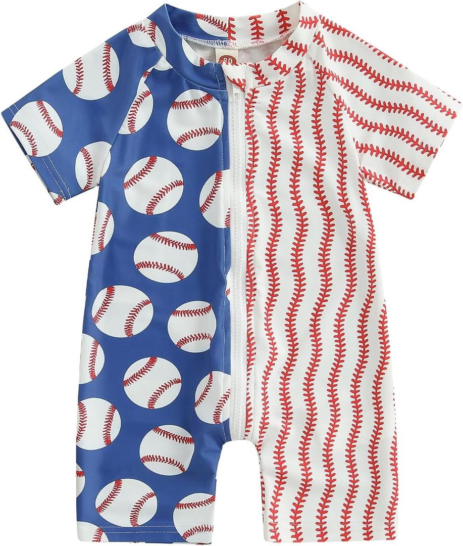 Toddler Baby Boy Summer Swimsuit Baseball Zipper Rash Guard Swimwear Short Sleeve Crewneck Bathing Suit Sunsuit (18-24 Months, Blue)
