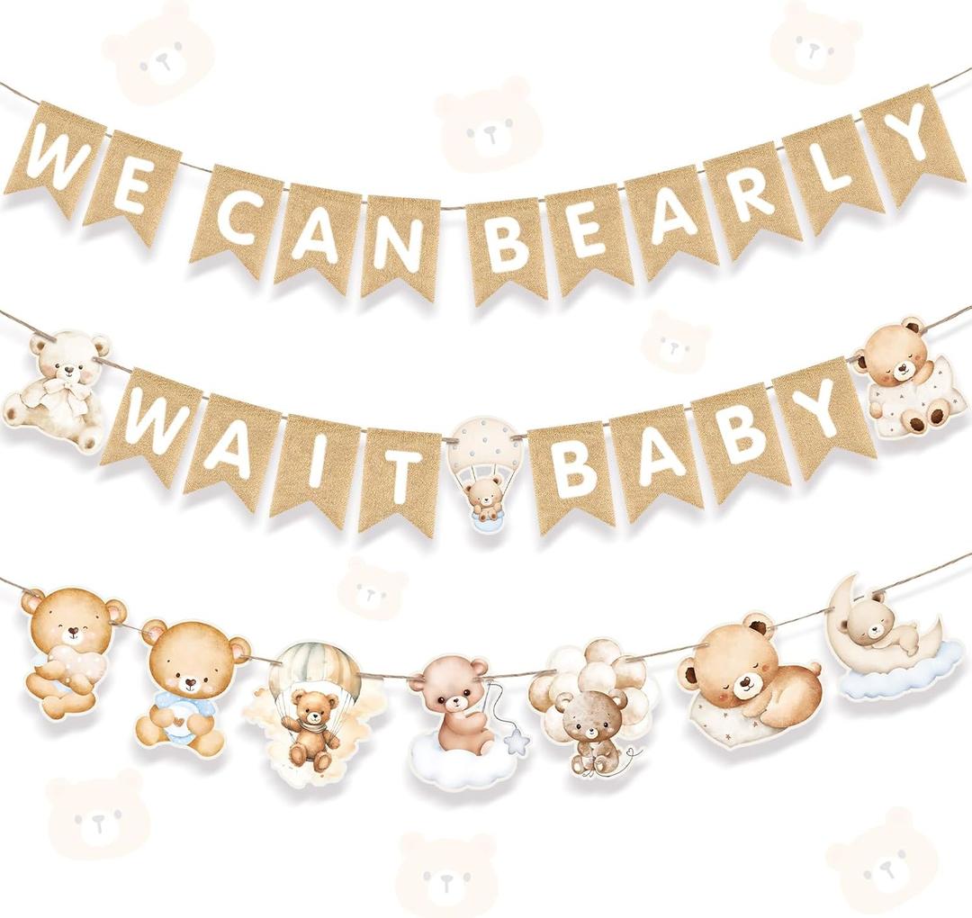 2 x We Can Bearly Wait Baby Shower Banner Burlap Decorations Bear Baby Shower Party Garland Decorations for Boy Girl Gender Reveal Wedding Birthday Party Decor