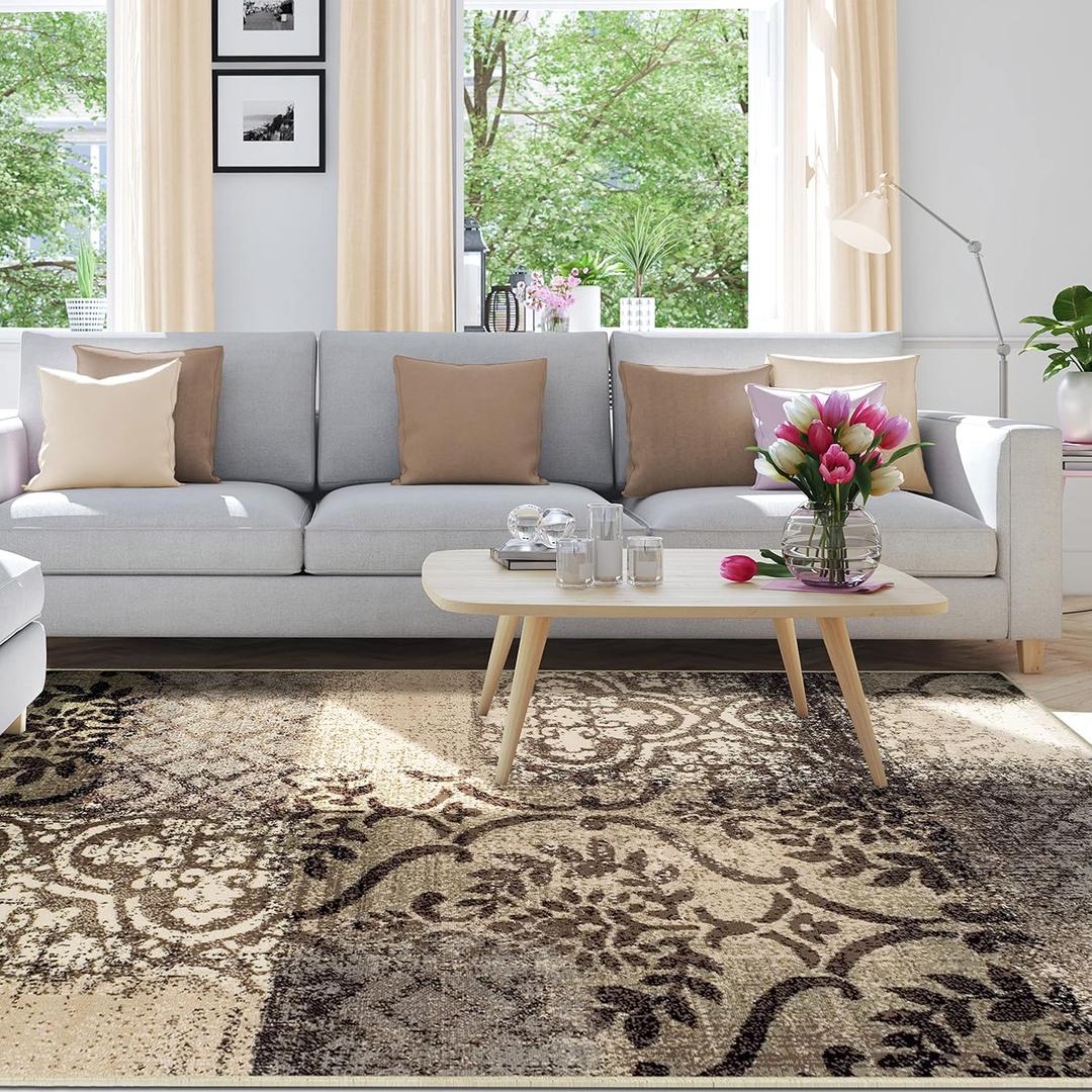 Superior Bristol Collection Area Rug, 8mm Pile Height with Jute Backing, Chic Geometric Damask Patchwork Design, Fashionable and Affordable Woven Rugs - 8' x 10' Rug, Beige & Brown