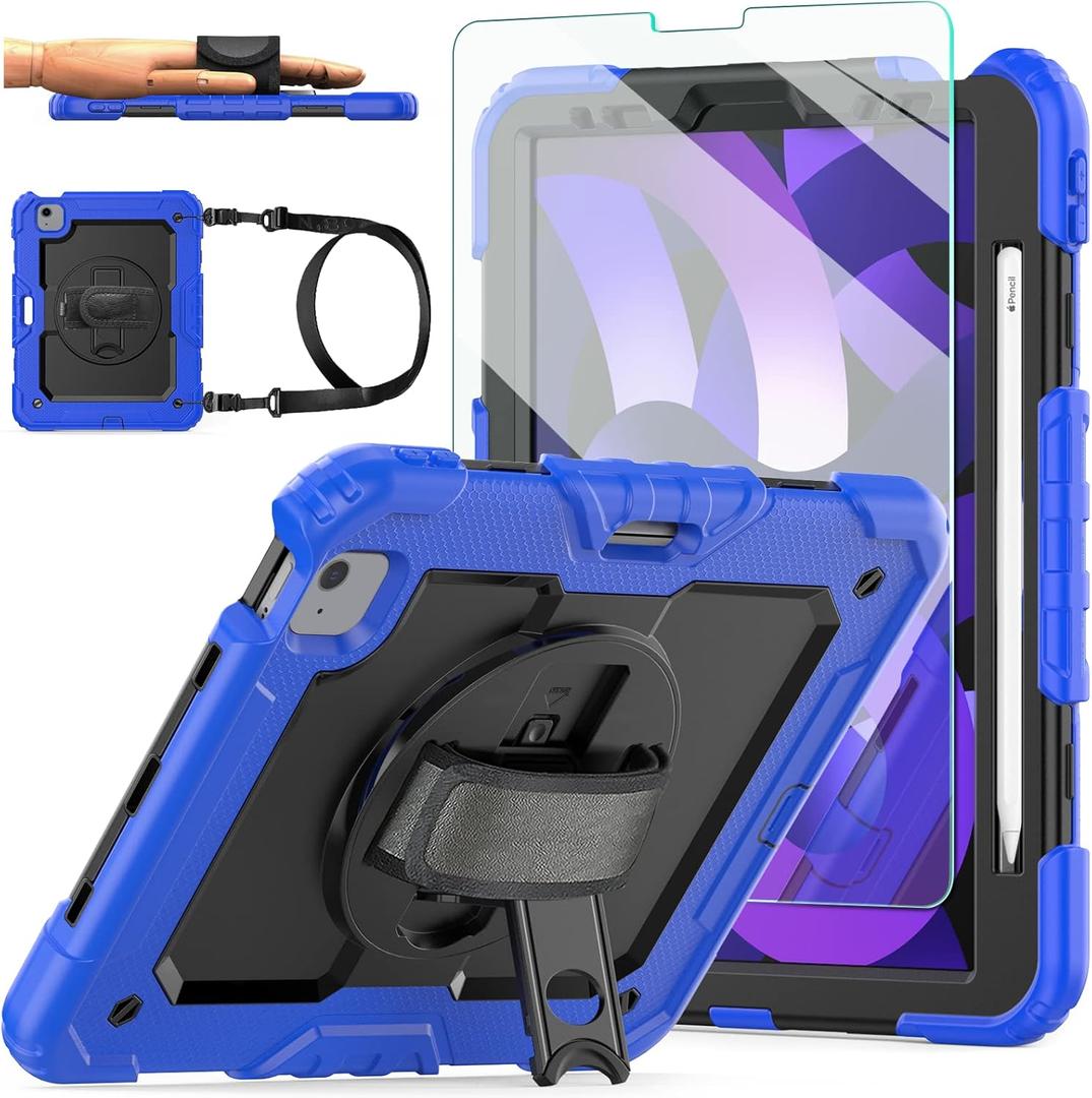 Ambison Case for iPad Air 5th/4th Generation (2022/2020) 10.9'', [Kids Proof] Full Body Protective Cover with 9H Tempered Glass Screen Protector, Rotatable Kickstand & Hand Strap (Blue)