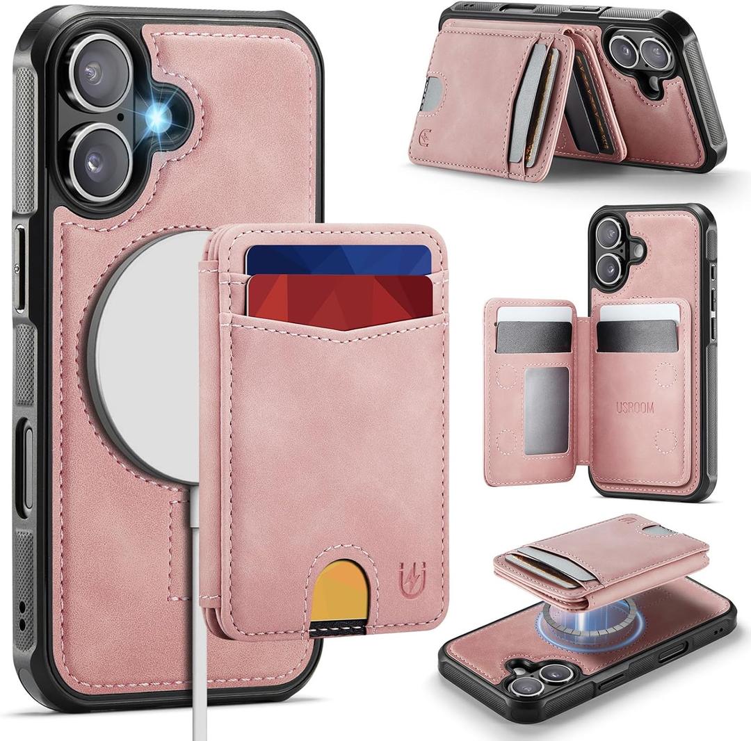 for iPhone 17 Case Wallet Compatible with Magsafe, RFID Blocking Magnetic Card Holder 2 in 1 Detachable Kickstand Shockproof Phone Case for iPhone 17 6.3" Rose Pink