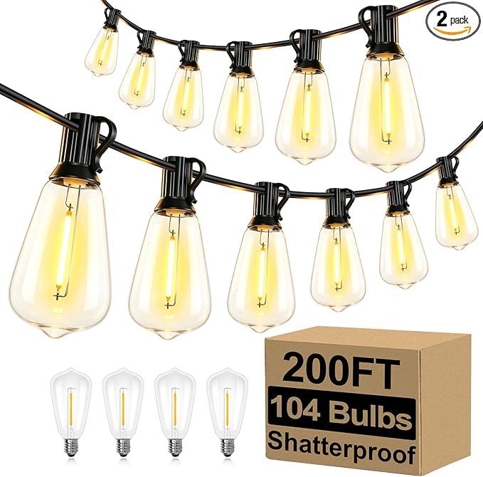 Brightever Outdoor String Lights 200FT Waterproof, Patio String Lights for Outside with 100+4 ST38 Shatterproof LED Filament Bulbs, Dimmable Hanging Lights for Christmas, Party, Cafe (2Pack 100FT)