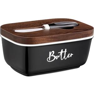ALELION Black Butter Dish with Lid and Knife for Countertop - Airtight Ceramic Butter Keeper Container with Thick Acacia Wood Lid for Counter or Fridge - for Farmhouse Kitchen Decor and Accessories