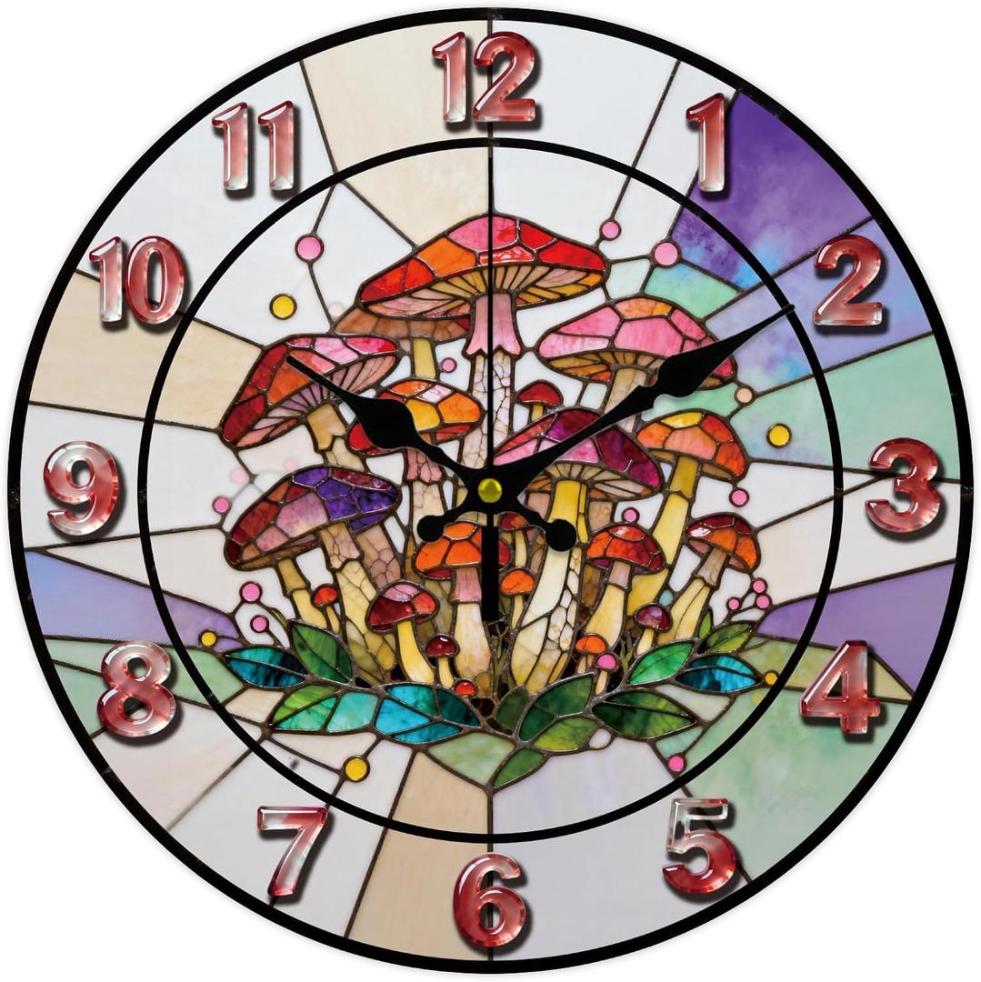 Colourful Glass Mushroom Pattern Wall Clock 12 Inch Non-Ticking Clocks Round Wall Hanging Clock Battery Operated for Bedroom Living Room Kitchen Office