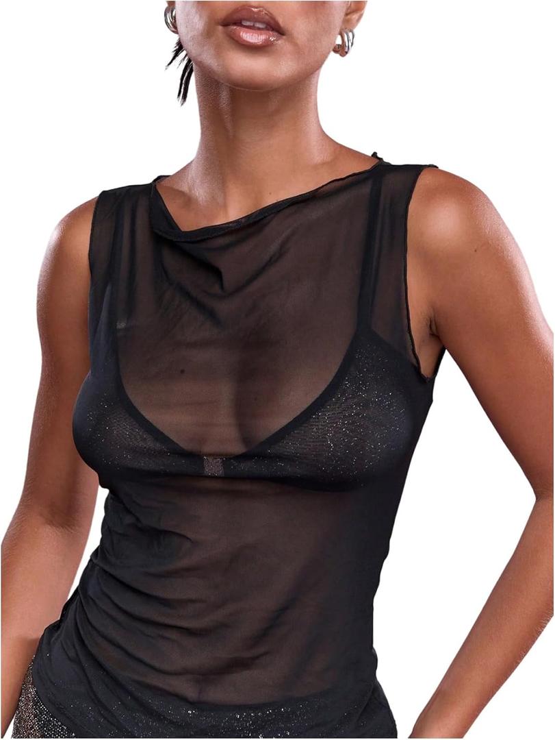 RoseSeek Women's Sheer Mesh Tank Top Sleeveless Slim Fit Fitted Summer Shirts Going Out Tops (Black,Small)