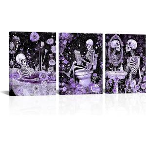 FuShvre Skeleton Bathroom Decor Moody Skeleton Wall Art Pictures for Bathroom Gothic Painting for Home Decoration Framed 12x16 inch each piece (Purple)
