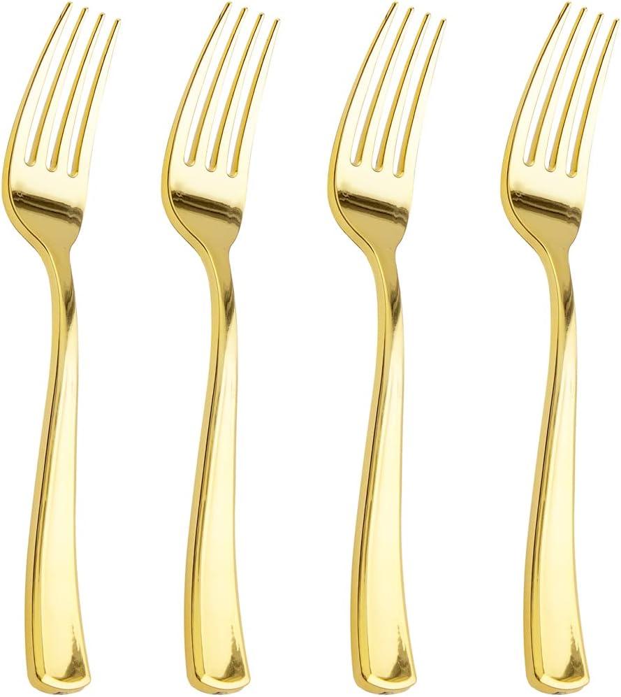 Liacere 200pcs Gold Plastic Forks - Heavyweight - 7.4 Inch Heavy Duty Forks - Gold Plastic Silverware Perfect For Parties & Weddings & Restaurants & New Year And Daily Use & Christmas & New Year