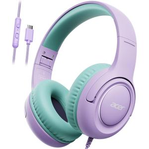 acer USB-C Kids Headphones - 85/94dB Safe Volume Limited, Foldable Wired Over Ear Headphones for Travel, Toddler Headphones for School, Travel, iPad, Tablet, Purple Green, HK03C