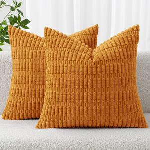 MIULEE Pack of 2 Burnt Orange Corduroy Decorative Fall Pillow Covers 18x18 Inch Soft Boho Striped Throw Pillow Covers Modern Farmhouse Home Decor for Summer Sofa Living Room Couch Bed