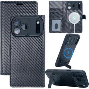 Magnetic Detachable Wallet Case for iPhone 17 Pro Max, Compatible with MagSafe Built-in 3-Ways Kickstand & RFID Blocking Card Slots, Carbon Fiber Leather Flip Case with Stand (Black)