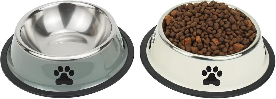 Stainless Steel Dog Bowls, Food and Water Non Slip Anti Skid Stackable Pet Puppy Dishes for Small, Medium and Large Dogs (2 Pack) (Cup/7 oz, White & Grey)