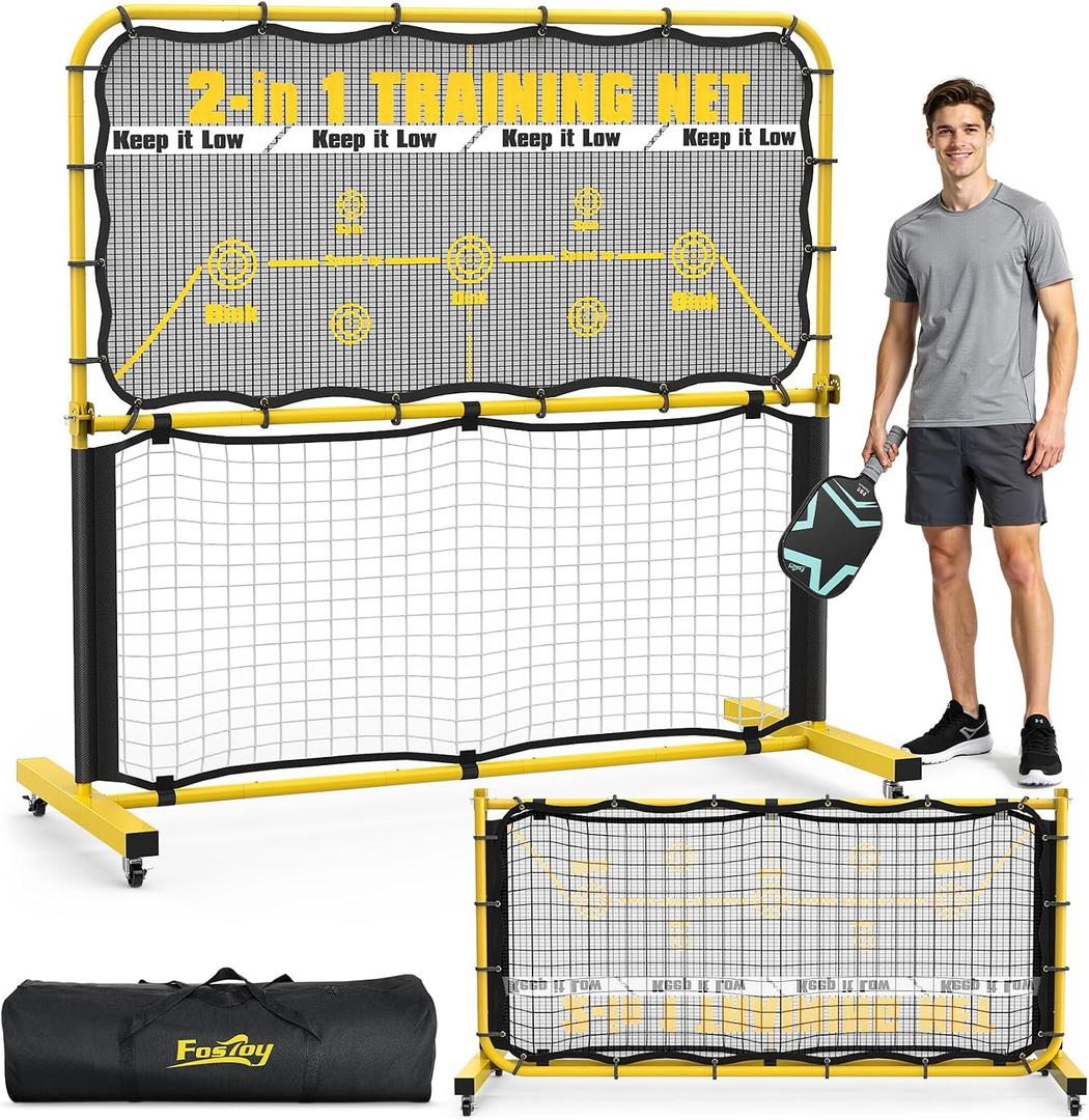 Fostoy Pickleball Rebounder Practice Net with Wheel, Adjustable Angle | 6FT Mini Pickleball Training Net, With Court Markers, Driveway, Backyard Indoor Garage, Easy Setup for Team Training