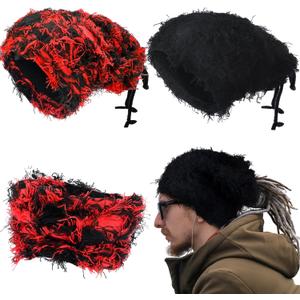 4 x Cozypower 2 Pcs Unisex Distressed Dreadlock Beanie Hat Rasta Cap Winter Open Turban Dread Hair Wraps for Men Women (Black Red and Black)