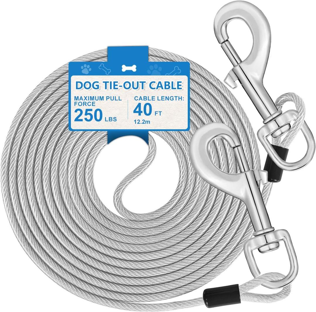 Tie Out Cable, 40FT Runner Cable with Swivel Hook, Dog Leash Run Tether for Yard Outdoor and Camping, for Small to Medium Pets Up to 250 LBS (Silver, 40FT 250LBS）