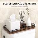 Toilet Paper Basket Organizer Oak Wood Toilet Tank Tray with Metal Frame, Bathroom Counter Top Storage for Toilet Paper, Wipes & Decor, Modern Narrow Back of Tank Shelf Organizer, Black & Brown