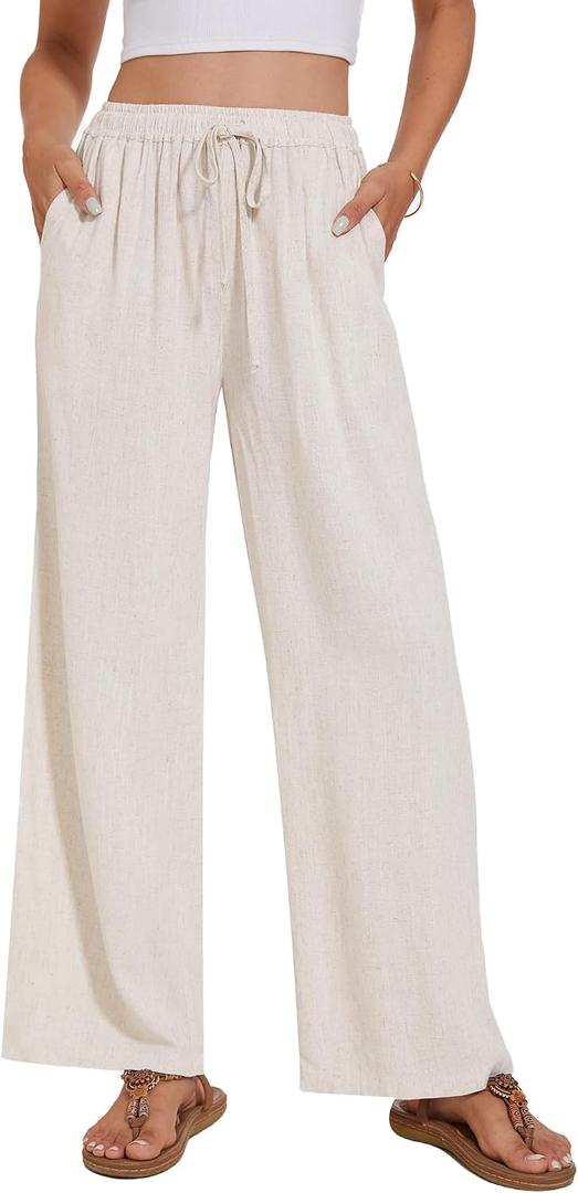 Breezy Lane Linen Pants for Women Summer High Waist Palazzo Pants Boho Beach Trousers with Pockets (XL)
