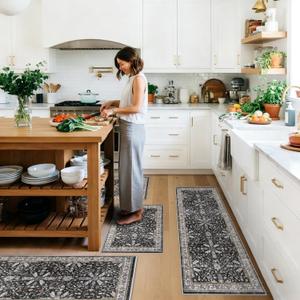 Kitchen Rug Sets 4-Piece with Runner Washable Non-Slip Floor Mats for Sink, Entryway, Hallway, Bathroom Soft Low-Pile Thin Boho Floral Rugs, New Home Decor (Black, 2x3+2x4+2x5+2x6)