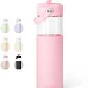 Glass Water Bottle with Silicone Sleeve and Straw Lid 20oz for Girls Women, Glass Drinking Bottles for Travel Home Gym Sports (Rose Cloud)