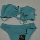 ZAFUL Women's Strapless Ribbed V Wired Lace Up Ruffle Tie High Cut Bandeau Swimsuits Bikini Set (Small, Blue)