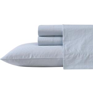 Nautica - Queen Size Sheets Set, Crisp & Tailored Bedding with a Smooth Cotton Percale Lightweight Feel - Bed Sheets with Matching Pillowcases & Fitted Sheet (Penny Pinstripe Blue)