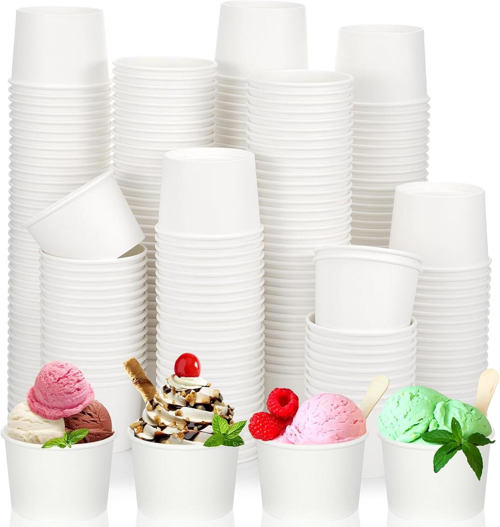 Nuenen 300 Pcs 8 oz Summer Ice Cream Paper Cups Bulk Disposable Dessert Cups Solid Color Paper Dessert Bowls for Snack Sundae Spring Party Favors Ice Cream Bar Supplies (White)