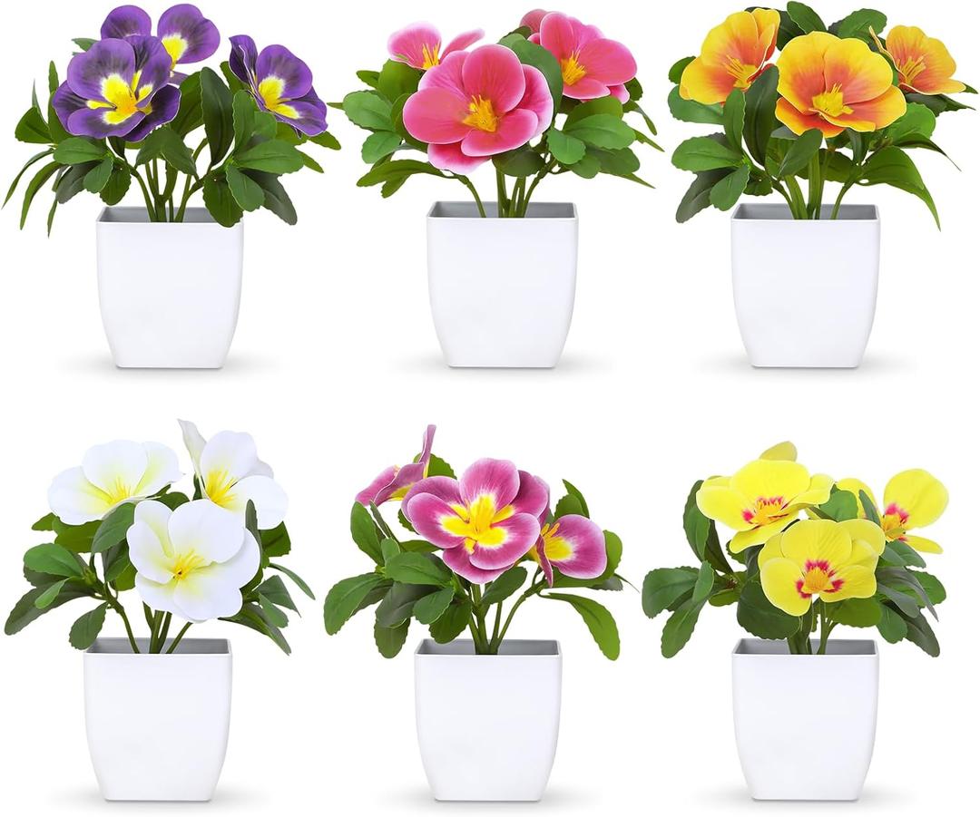 Artificial Pansy Flowers in Pots (6 Pack) - 5.9" Mini Fake Potted Plants with Small Plastic Pots, for Home Decor, Wedding, Office, Table DecorDesk, Patio Decoration