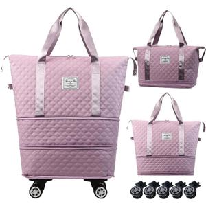 Expandable Foldable Wheeled Travel Duffle Bag - Detachable Rolling Wheels Carry On Gift (Pink)