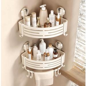 VOLPONE Corner Shower Caddy Suction Cup Shower Shelf Corner No Drilling Bathroom Shower Organizer Storage Rack Adhesive with Towel Bar Hooks(2-Pack, Ivory)