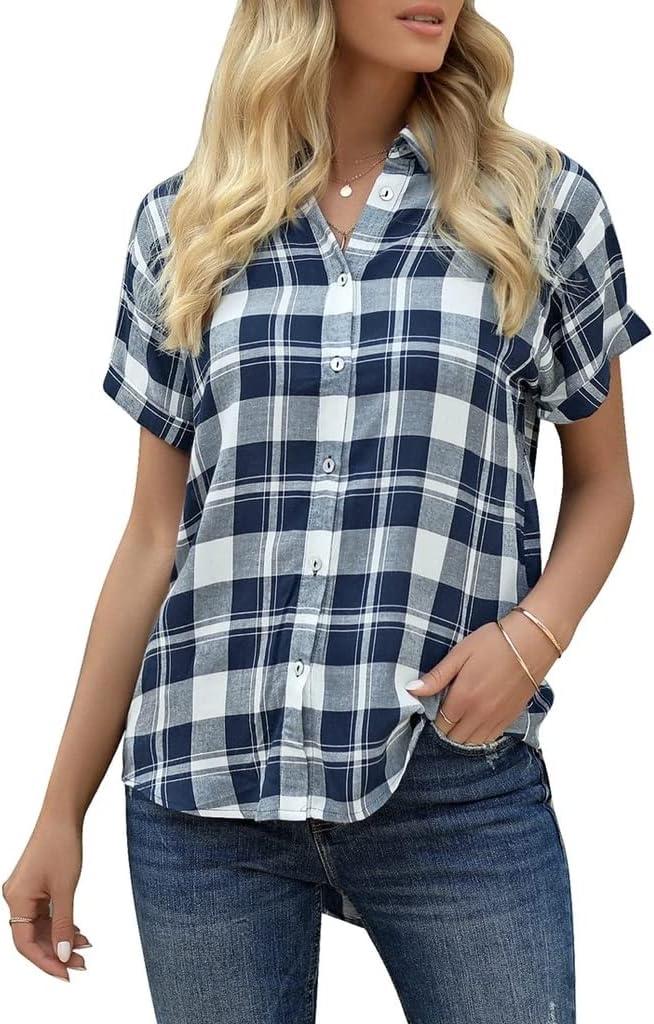 Veatzaer Women's Plaid Short Sleeve Button Down Shirt Casual Summer Blouses Tops (Blue) S
