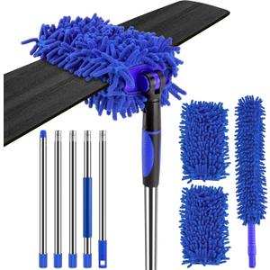 Ceiling Fan Cleaner Duster with 80" Extension Pole, Flexible and Washable Chenille Fan Duster for High Ceiling Fan Blades Light Fixtures Furnitures Blue