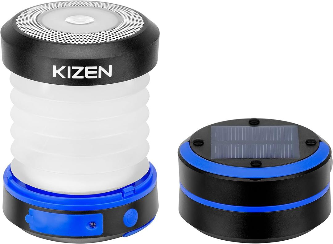 Kizen Solar Camping Lantern Rechargeable - LED Lanterns for Power Outages, & Camping Lights - Collapsible & Rechargeable Lamp with Solar or Plug - Hiking Gear (Blue)