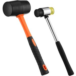 16oz Rubber Mallet Hammer Set with 35mm Double Faced Soft Rubber Mallet with Fiberglass Handle, TPR Grip, Solid Head, 2 Piece Black Set for Camping, Flooring, Woodworking & Tent Stakes