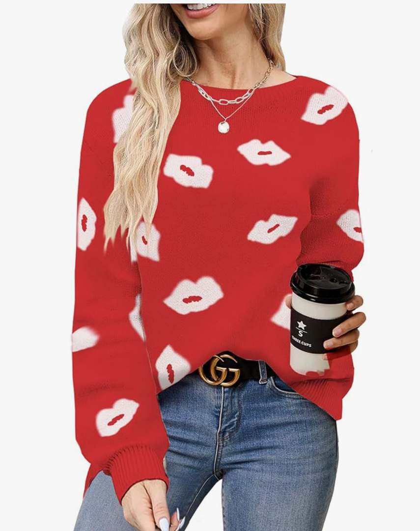 Sweater for Women Lip Pullover Sweaters Cute Lips Long Sleeve Crewneck Casual Sweaters Top, L