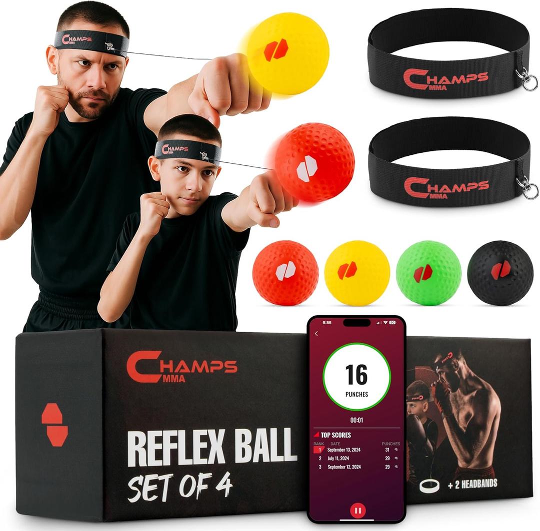 Boxing Reflex Ball Set with Punch Counter App 4 Box Balls with Varying Weights, 2 Headbands and 4 Spare Strings to Improve Speed, Hand-Eye Coordination for Men, Kids Boxing Equipment MMA Gear Gift