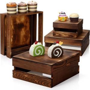 Sieral 4 Pieces Wood Cupcake Display Stand Decorative Dessert Appetizer Cake Stand Risers Wooden Crate Rustic Cake Risers for Decor Wooden Crate Style Storage Organizer for Party (Burnt Wood)