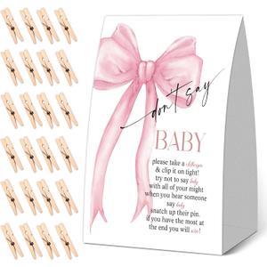 Don't Say Baby Baby Shower Game, Gender Reveal Games for Parents, 1 Sign and 50 Mini Wooden Clothespins, Pink Bow Theme Baby Shower Decorations, Gender Reveal Party Supplies
