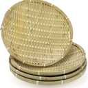 ZENFUN 4 Packs Bamboo Basket Tray, 12 In Round Hand Weave Bread Baskets for Serving, Woven Fruit Basket, Rattan Serving Basket for Garden, Daily Dinning, Kitchen Organization, Stackable