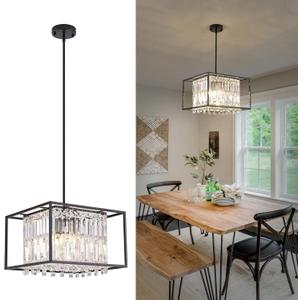 Modern 4-Light Dining Room Chandelier,Farmhouse Black Metal Chandelier,Crystal Square Industrial Pendant Light Fixture for Kitchen Island Living Room Foyer Hallway Entryway 15.75"