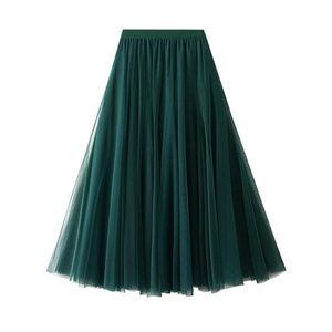 Women's High-Waisted Pleated Skirt with Elastic Waist Slim Midi Skirt Long Skirt with Two Layers of Mesh One Size