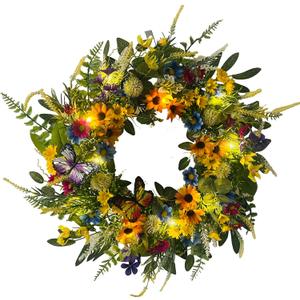 22 Inch Spring Summer Wreath for Front Door,Sunflower and Daisy with Eucalyptus Leaves,Mixed Flower,Fairy Lights,Artificial Wreath for Front Door Spring Outdoor Home Decor Easter Decor