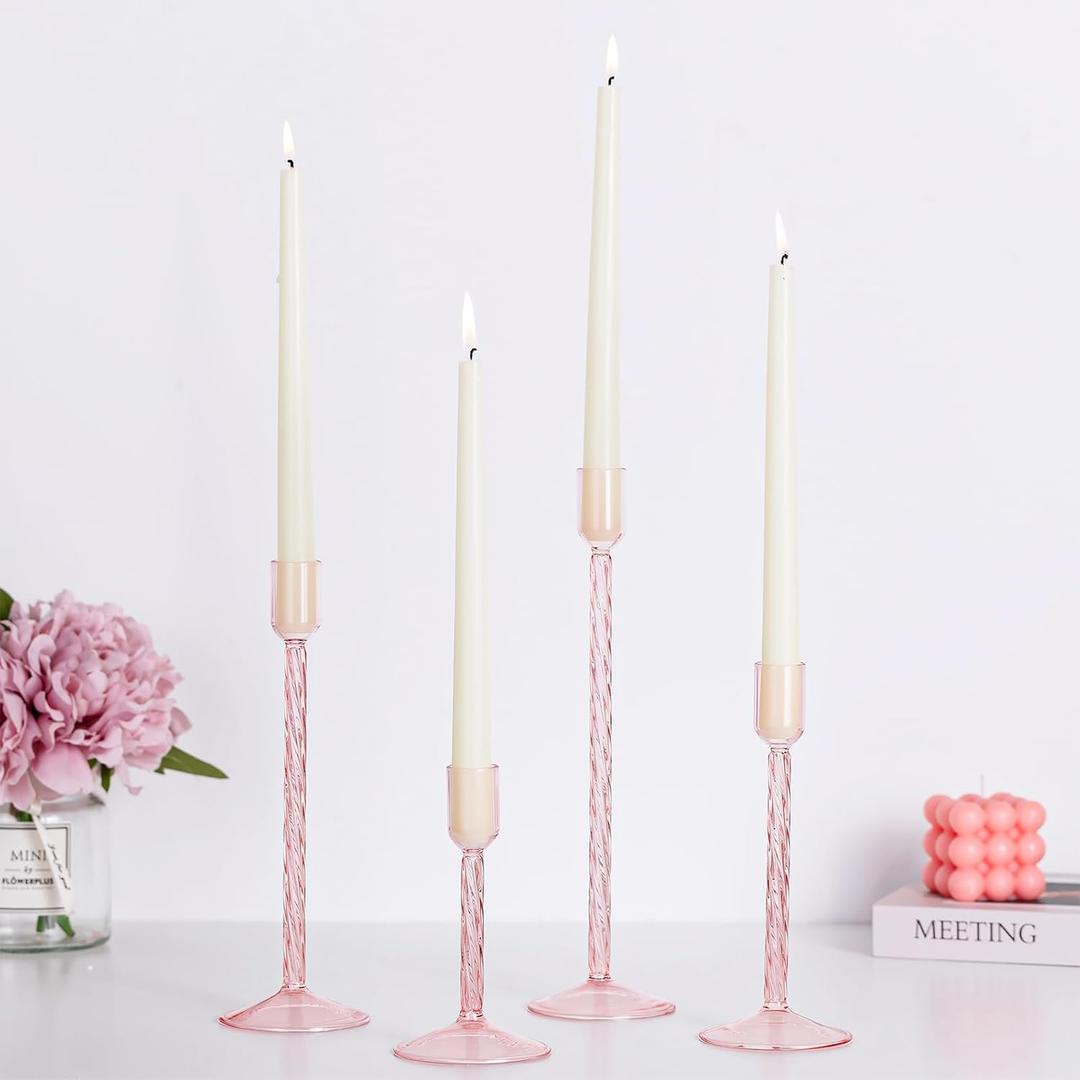 Hewory Glass Taper Candle Holders: 4 Pcs Pink Vintage Candlestick Holders Tall Candle Sticks Holder Decor, Glass Candle Holder for Table Centerpiece Wedding Christmas Advent Holiday Party Decorations
