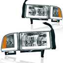 LED DRL Headlight Assembly, Headlights Kit Compatible with 1994-2001 Dodge Ram 1500/1994-2002 Ram 2500 3500(DON'T Fit SPORT Models or Ram VAN Models) Headlamp Chrome Housing Amber Reflector