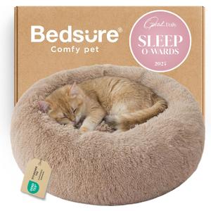Bedsure Calming Cat Beds for Indoor Cats - Small Cat Bed Washable 20 inches, Anti-Slip Round Fluffy Plush Faux Fur Pet Bed, Fits up to 15 lbs Pets, Camel